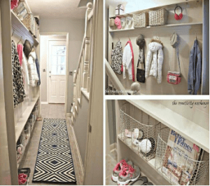 A hallway with shelves and hooks for hanging clothes.